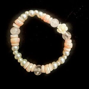 Pink and White Beaded Bracelet with Rose